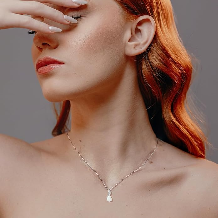 FANCIME 14K Solid White Gold Teardrop Pendant with Diamond Birthstone Necklace