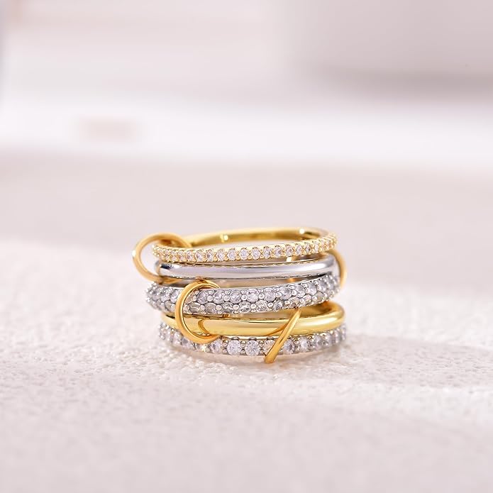 14K Gold Plated Interlocked Stackable Rings for Women Non Tarnish,Gold and Silver Cubic Zirconia Statement Rings Set,Mixed Metals Ring Two-Toned Connected Bands Stacking Jewelry
