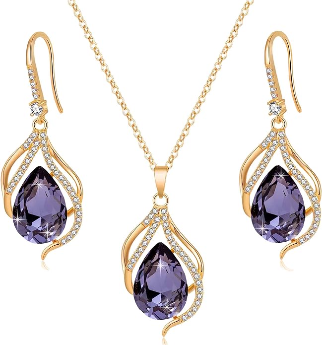 EVEVIC Austrian Crystals Teardrop Hollow Twisted Pendant Necklace Earrings for Women 14K Gold Plated Halo Drop Dangle Earrings Hypoallergenic Jewelry Set