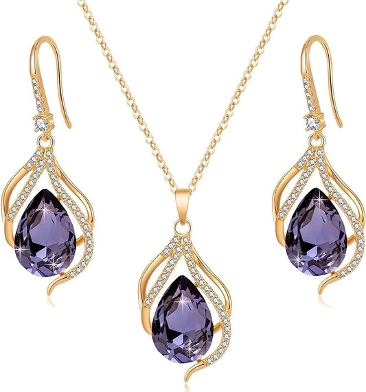 EVEVIC Austrian Crystals Teardrop Hollow Twisted Pendant Necklace Earrings for Women 14K Gold Plated Halo Drop Dangle Earrings Hypoallergenic Jewelry Set