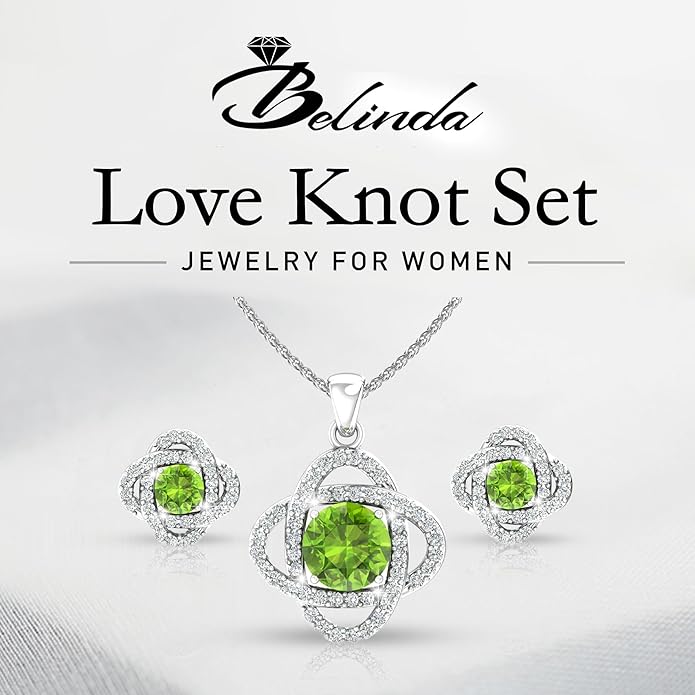 Women 925 Sterling Silver Cute Love Knot Sparkling Gemstone Push Back Stud Earrings Hanging Pendant Necklace Beautiful Fine Jewelry Accessory Set, 1.65 Carat