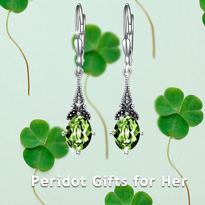 AOBOCO Vintage Earrings for Women Sterling Silver Retro Drop Dangle Leverback Earrings with 8x6mm Oval Genuine or Simulated Birthstone Crystal from Austria, Anniversary Jewelry Gifts for Her Women