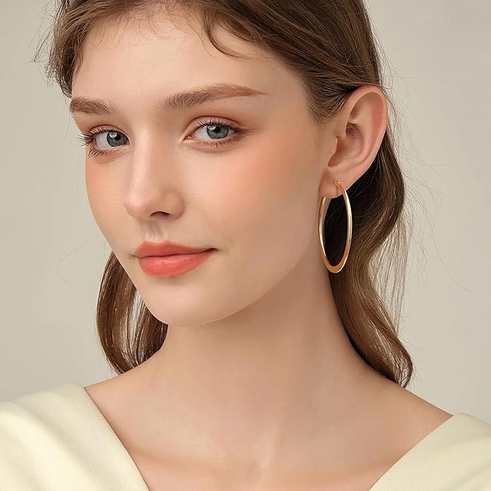 Gacimy Flattened 14K Gold Plated Hoop Earrings for Women, 14K Real Gold Plated Hoops with 925 Sterling Silver Post,Hypoallergenic Lightweight Earring