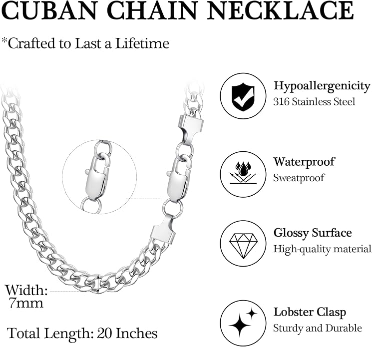PAERAPAK Cuban Link Chain Gifts for Men Him - Necklace Gifts for Husband Son Grandson, Anniversary Fathers Day Birthday Gift for Men Husband, 7mm Width Stainless Steel Cuban Chain Necklace Jewelry