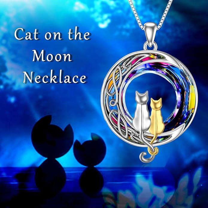 TOUPOP Christmas Cat Gifts for Cats Lovers One Two Three Four Cats Necklace Sterling Silver Cats on the Moon Pendant Necklace with Blue Circle Crystal Birthday Christmas Celtic Jewelry Gifts for Women