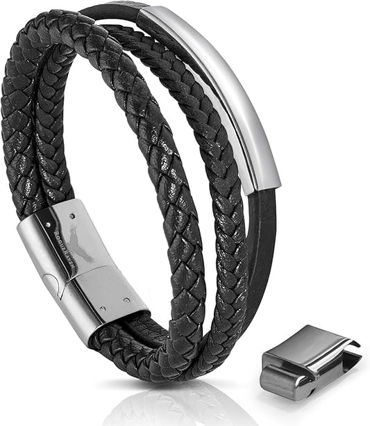 RogueRaven Black Leather Bracelet for Men – Premium Collection – Brown Black Gold Silver | Genuine Leather Mens Bracelet with Stainless Steel Clasp [Adjustable] | In Luxury Gift Box