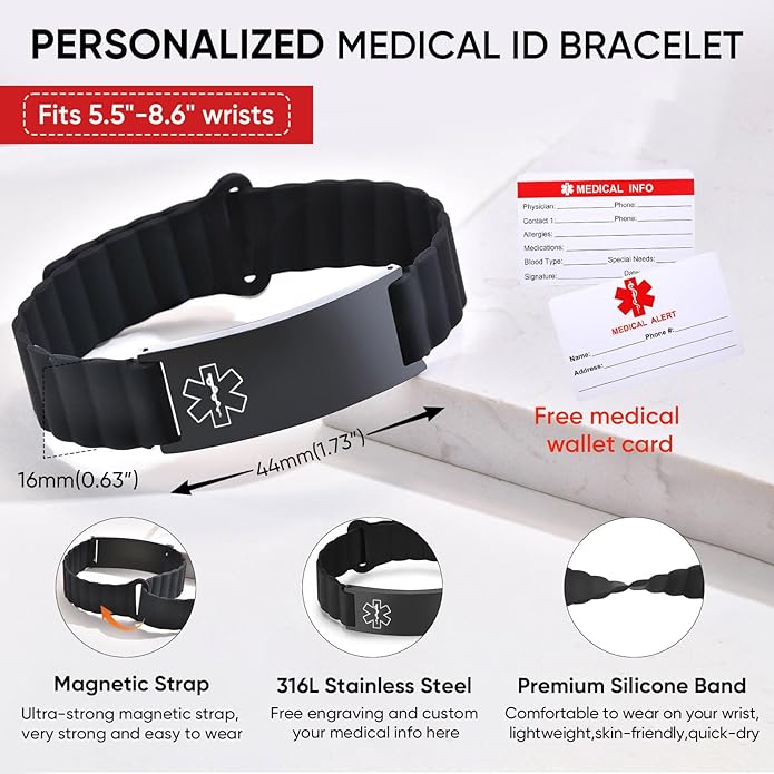 Comfortable Medical ID Bracelet for Men & Women - Custom Engraved Silicone Strap Comfort Fit Medical Alert Bracelets for Sports,Adjustable Waterproof Customizable Wristband for Diabetic