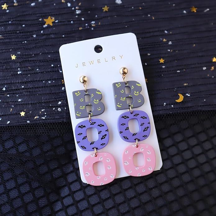 Halloween BOO Ghost Skull Earrings for Women, Gothic Dark Bat Dangle Earrings,Retro Acrylic Cute Lightweight Drop Dangle Earring Jewelry Gifts, Holiday Festive Cosplay Party Decorations Accessories