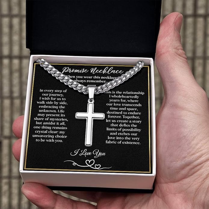 GLAVICY Promise Cross on Cuban Necklace For Him, Sentimental Gift for Husband, Boyfriend, Man with Message Card and Box, Promise Jewelry on Birthday, Valentine Day