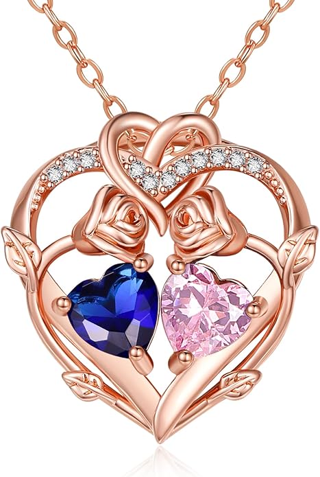 Rose Gold Necklaces for Women Double Birthstone Rose Flower Heart Pendant Necklace Jewelry Anniversary Christmas Valentine's Mother's Day Birthday Gift for Wife Mom Her Girlfriend Sister