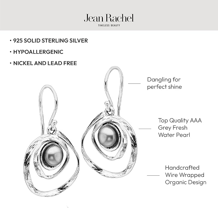 Jean Rachel Jewelry 925 Sterling Silver Dangle Earrings for Women with Freshwater Pearl - Free Form Vintage Design - Hypoallergenic, Lead & Nickel Free - Artisan Handcrafted Statement Earrings