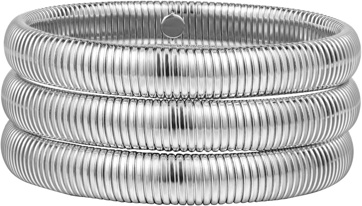Emibele Gold Bangles Bracelet Set for Women, 18K Gold Plated Chunky Stainless Steel Non Tarnish Stretch Bracelet Stack, Flexible Wide Wristband Bangle Layered Snake Chain Bracelets