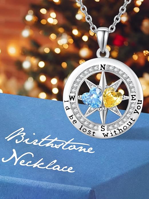 Compass Birthstones Necklace for Women, Exquisite Anniversary Birthday Gifts for Wife Her Double Birthstone Pendant jewelry ‘I'd be Lost Without You’