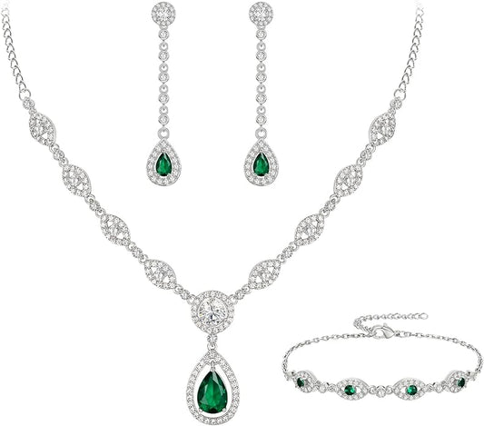 EVER FAITH Bridal Jewelry Set for Women, Stunning Teardrop Cubic Zirconia Birthstone Necklace Bracelet Earrings Sets Gift for Mothers Day/Valentines/Birthday/Christmas