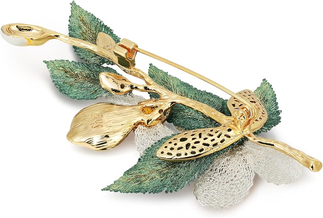 Handmade Embroidery Flower Brooch Pins for Women, SHE'S FREE STYLE JUST FOR YOU Luxury Gradient Stitching Floral Brooch Pins with Crystal stamen, Enamel Metal Butterfly with Green Leaves, Hand Dripping Oil Jewelry pins