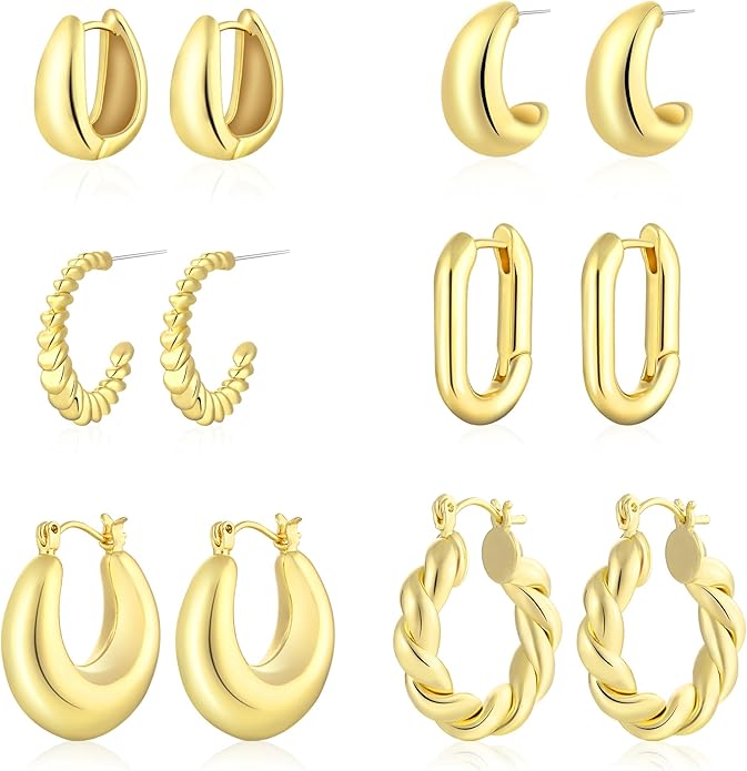 6 Pairs 14K Gold Plated Hoop Earrings for Women Trendy Chunky Lightweight Hoop Earrings Multipack Hypoallergenic, Thick Twisted Huggie Hoops Earring Set Jewelry for Gifts
