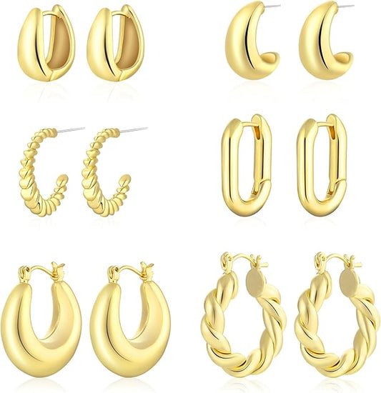 6 Pairs 14K Gold Plated Hoop Earrings for Women Trendy Chunky Lightweight Hoop Earrings Multipack Hypoallergenic, Thick Twisted Huggie Hoops Earring Set Jewelry for Gifts