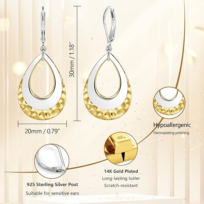 925 Sterling Silver Teardrop Dangle Earrings for Women Hammered Layer Drop Dangle Earrings Jewelry Hypoallergenic Boho Teardrop Leverback Dangle Earings for Jewelry Gifts
