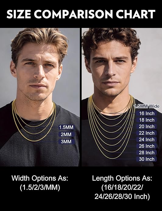 Bandmax Solid 1.5mm/2mm/3mm/6mm Rope Chains for Men Women 14K Gold Plated/Black Plated Stainless Steel Twist Chain 16-30 Inches, with Gift Box