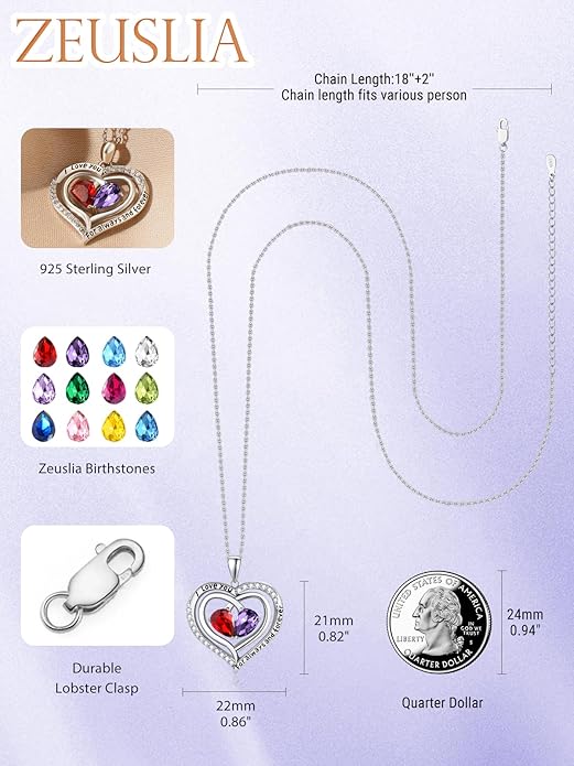 Zeuslia Double Birthstone Necklace Gifts for Wife - 925 Sterling Silver Sunflower/Rose/Crown Cross/Compass/Heart Pendant I Love You Necklace, Anniversary Birthday Gifts for Wife Girlfriend Mom Her