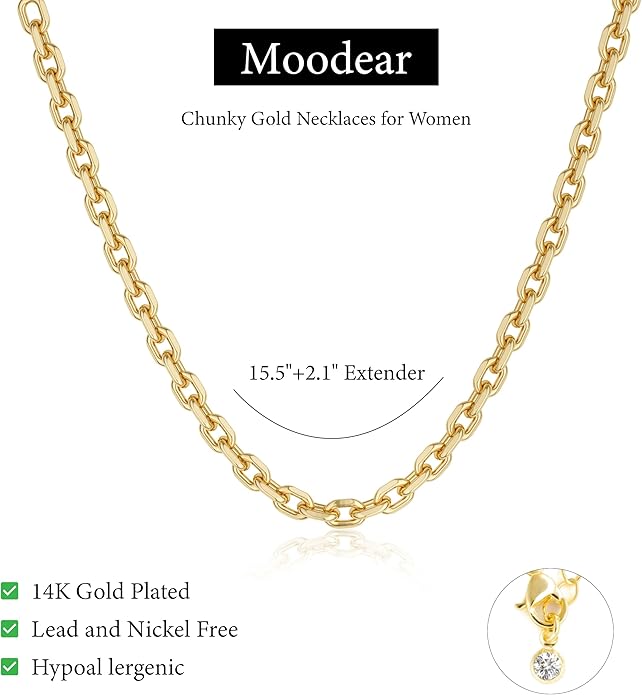 Moodear Layered Necklace for Women Trendy Chunky 14K Gold Plated/Sliver Plated Chain Necklace Cuban Link Paperclip Chain Toggle Clasp Necklace Fashion Jewelry