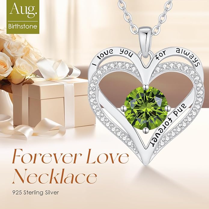 LOUISA SECRET Love Heart Birthstone Necklaces for Women, Birthday Gift for Girlfriend, Anniversary Jewelry Gift for Wife Her, 925 Sterling Silver Women Pendant Necklace, Mother's Day Christams Gift
