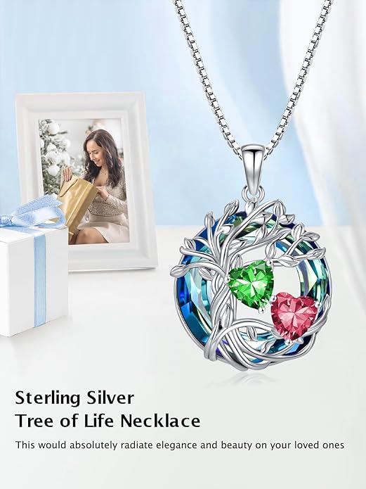 TOUPOP s925 Sterling Silver Family Celtic Tree of Life Pendant Necklaces with 2 Heart Birthstone with Blue Austrian Crystal Jewelry Birthday Anniversary Christmas Gifts for Her Wife Girlfriend Mom (18K Real White Gold Filled)