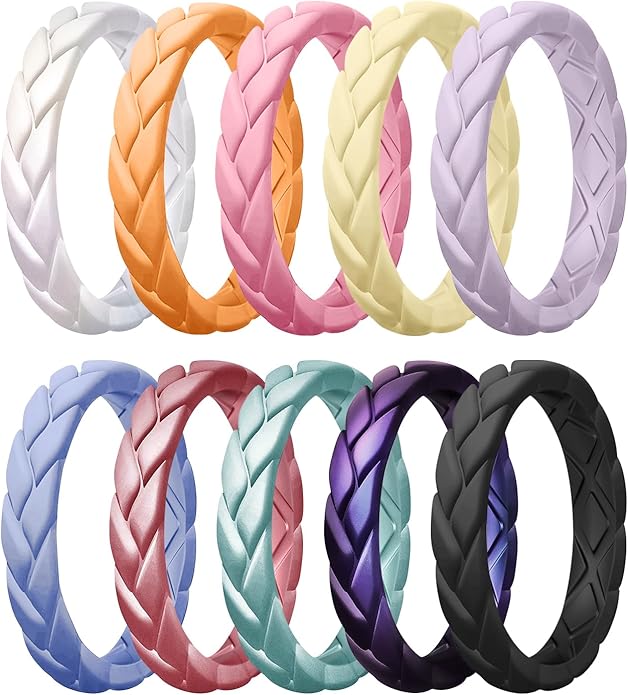 Egnaro Women's Silicone Stackable Rings 3.5mm Wide 2mm Thick, Rubber Flexible Hypoallergenic Wedding Bands For Workout Leaf Braided Fashion
