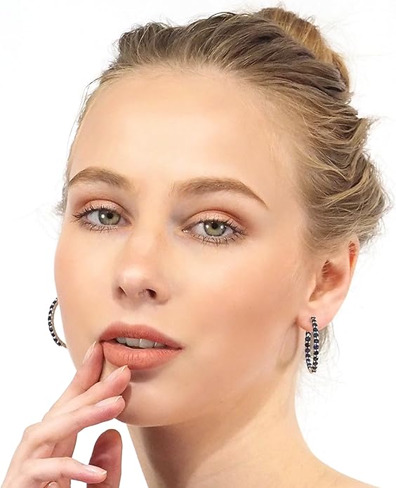 Hoop Earrings with 40 Colored Gemstones, Birthstone Earrings, 925 Sterling Silver Rhodium Plated, Push Back Closure, 1.18'