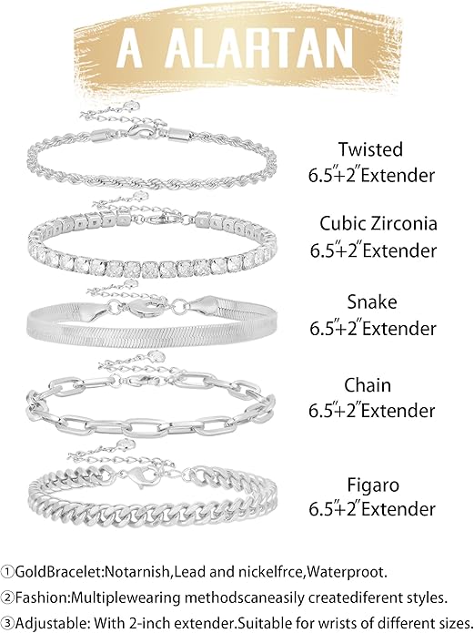 Gold Bracelets for Women 14K Gold Plated Stack Trend Bracelets Charm Paperclip Chain Cuban Link Layered Waterproof Bracelet Dainty Bracelet for Women Jewelry Gifts