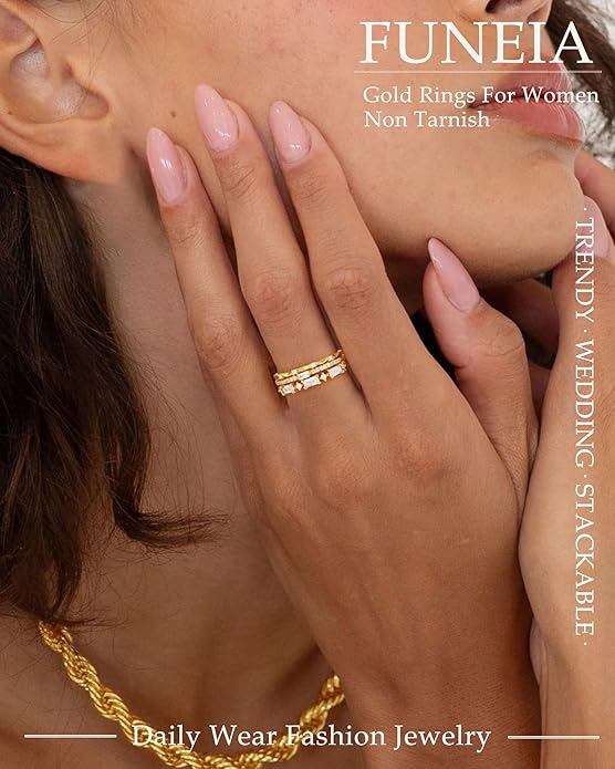 FUNEIA Stackable Silver Gold Rings for Women Non Tarnish 14K Gold Plated Thumb Cubic Zirconia Rings for Women Dainty Pinky Promise Wedding Ring Set Women's Engagement Eternity Band Rings Gold Jewelry
