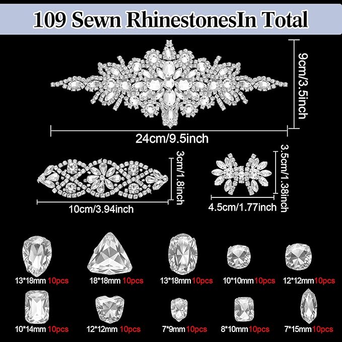Suncalla 109 Pcs Sew on Crystal Rhinestone with Chain Trim Brooch Pin Mixed Shapes Set for Jewelry Clothe DIY Crafts Tabletop Scattered Crystals Vase Fillers Wedding Decor (Rhinestone Appliques)