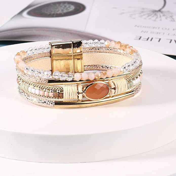 FANCY SHINY Leather Wrap Bracelets Crystal Beads Bracelet Boho Cuff Stone Charm Bracelets with Clasp Costume Jewelry for Women