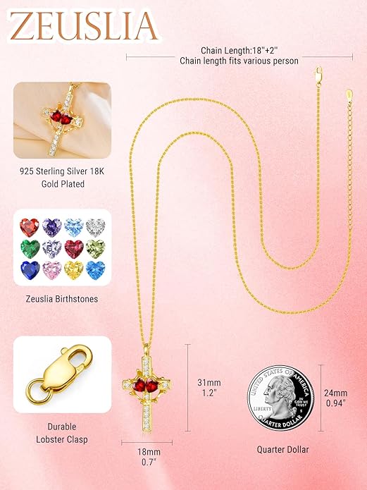 Zeuslia Double Birthstone Necklace Gifts for Wife - 925 Sterling Silver Sunflower/Rose/Crown Cross/Compass/Heart Pendant I Love You Necklace, Anniversary Birthday Gifts for Wife Girlfriend Mom Her