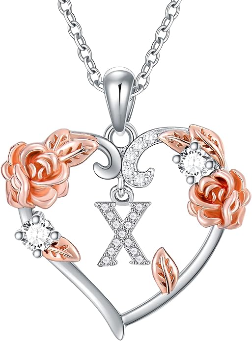 AOBOCO Rose Heart Necklaces Valentines Gifts for Women, 925 Sterling Silver Rose Love Heart Initial Letter Pendant Necklace Jewelry Mothers Day Christmas Birthday Gifts for Her Mom Wife Girlfriend