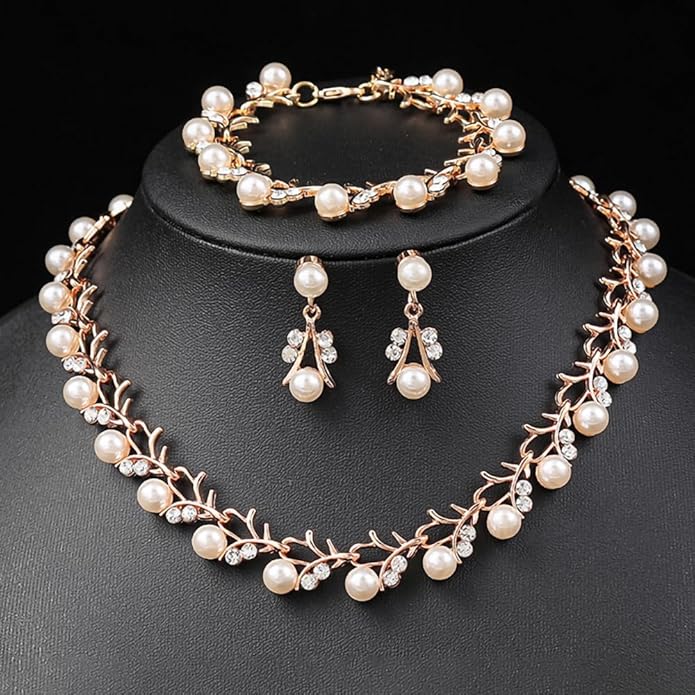 Rrdaily Rhinestone Pearl Wedding Jewelry Set for Bride Bridesmaid Bohemia Adjustable Beaded Crystal Bracelet Necklace Exaggerated Pearl Earring Set for Women