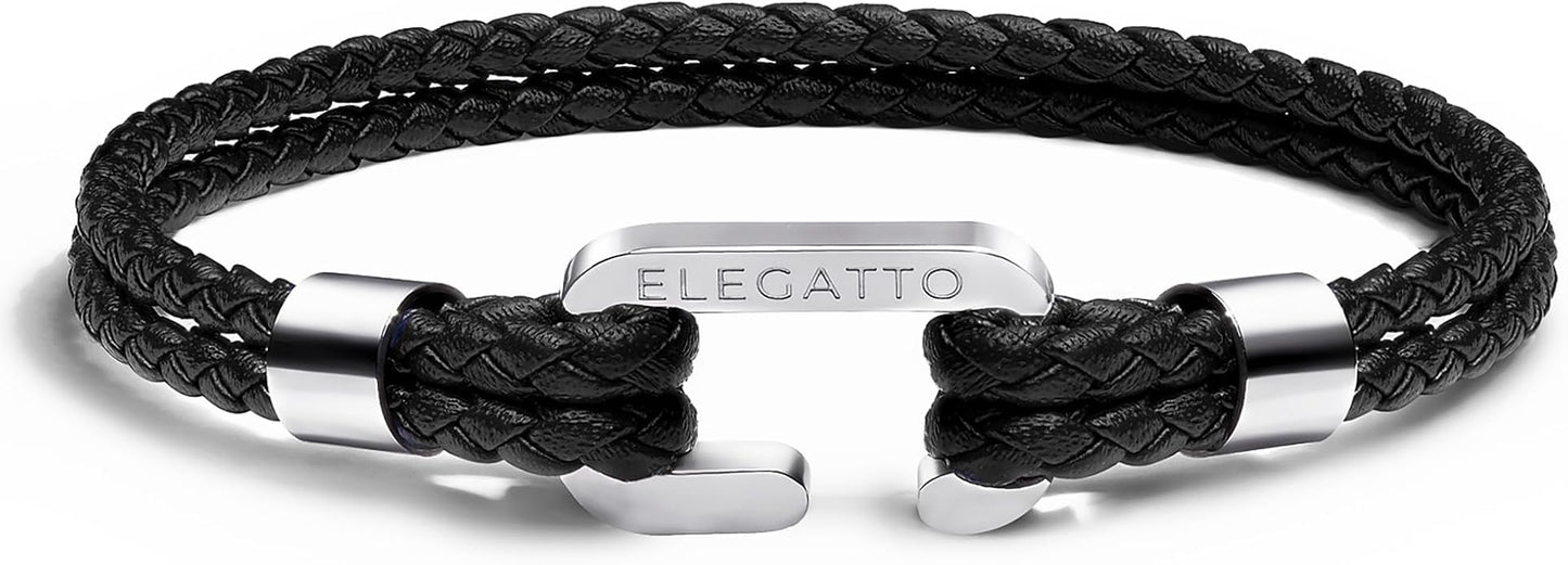 Elegatto Helix Premium Vintage Leather Bracelet for Men | Double Black Leather Strands with Sterling Silver Polished Mini Shackle Closure | Men’s Designer Jewelry