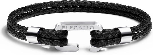 Elegatto Helix Premium Vintage Leather Bracelet for Men | Double Black Leather Strands with Sterling Silver Polished Mini Shackle Closure | Men’s Designer Jewelry