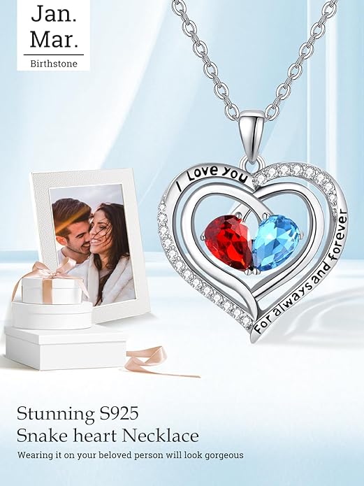 Zeuslia Double Birthstone Necklace Gifts for Wife - 925 Sterling Silver Sunflower/Rose/Crown Cross/Compass/Heart Pendant I Love You Necklace, Anniversary Birthday Gifts for Wife Girlfriend Mom Her