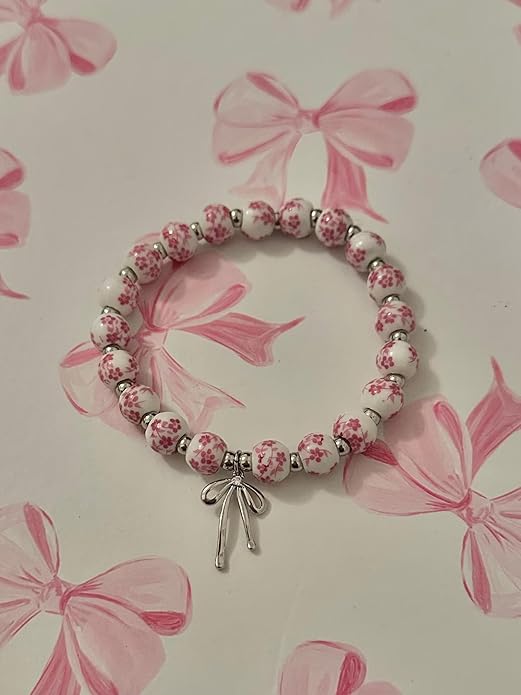 Beads Bow Charm Bracelet for Women Flower Vintage Bracelet Handmade Stretch Beaded Dainty Romantic Jewelry Gifts