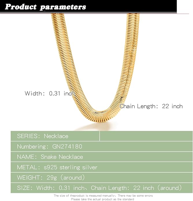 Dankadi Men 925 Sterling Silver Necklace Italian 6MM-8MM Flexible Flat Snake Chain Choker 16-30 Inch 24K Gold plated Fine Jewelry Gifts for Women