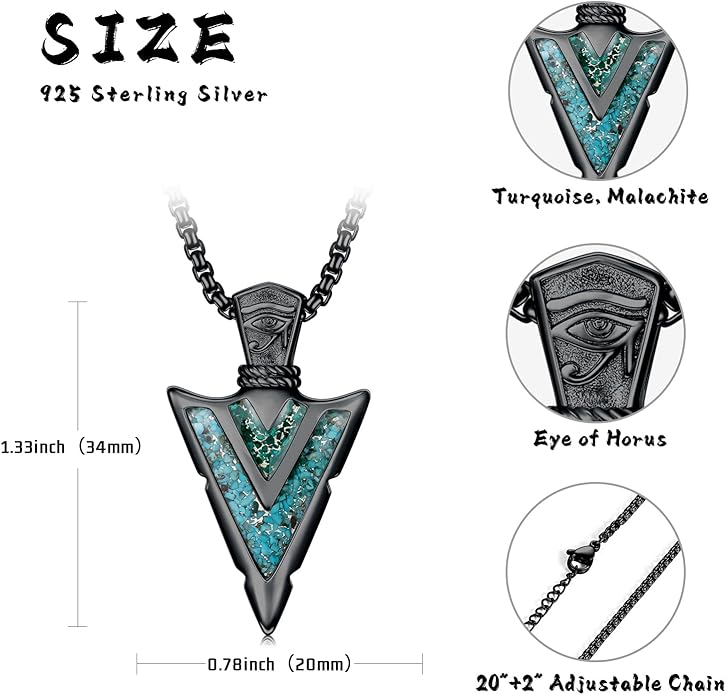 Suiknsn Arrowhead Necklace for Men Women 925 Sterling Silver Turquoise Malachite Celtic/Eye of Horus/Viking Arrow Pendant Amulet Jewelry Gifts Native American Necklace