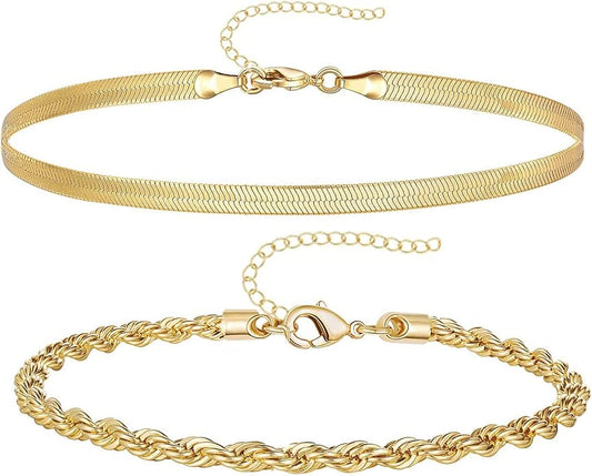 Gold Bracelets for Women Trendy,14K Gold Plated Dainty Stackable Paperclip Cuban Link Chain Bracelets, Simple Cute Cuff Bracelets Jewelry Set Adjustable 7"+2"