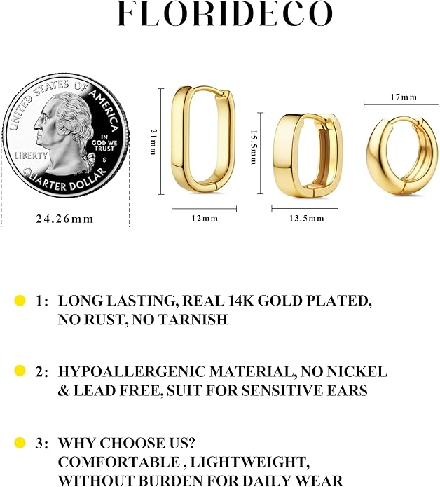 Florideco 3Pairs Chunky Gold Earrings Set 14K Gold Plated Hoop Earrings for Women Trendy Small Thick Huggie Hoops Earring Lightweight Silver Hoop Earring Sets for Multiple Piercing