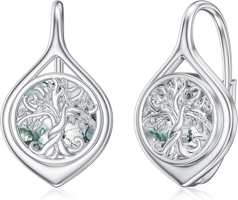 WINNICACA Leverback Earrings for Wonen 925 Sterling Silver Tree of Life Earrings Dangle Drop Turquoise Moonstone Moss Agate Heart Jewelry Gifts for Women Anniversary Birthday Christmas