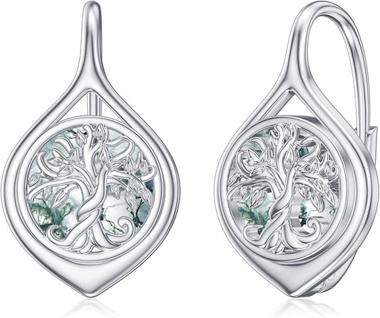 WINNICACA Leverback Earrings for Wonen 925 Sterling Silver Tree of Life Earrings Dangle Drop Turquoise Moonstone Moss Agate Heart Jewelry Gifts for Women Anniversary Birthday Christmas