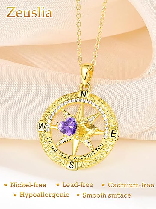 Zeuslia Double Birthstone Necklace Gifts for Wife - 925 Sterling Silver Sunflower/Rose/Crown Cross/Compass/Heart Pendant I Love You Necklace, Anniversary Birthday Gifts for Wife Girlfriend Mom Her