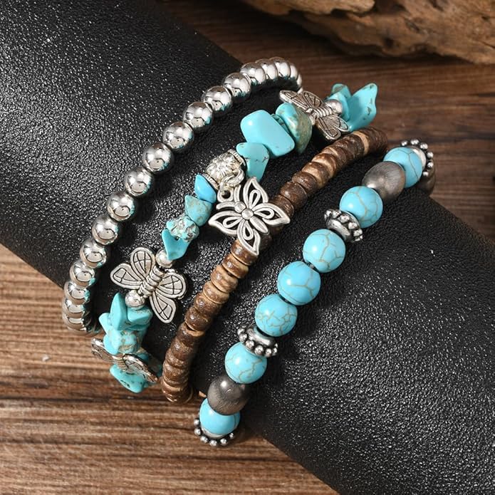 ONLYJUMP Bohemian Mix Bead Multi Layer Versatile Bracelets Set Boho Turquoise Stackable Beaded Strand Stretch Bangles Bracelets Statement Bangle Boho Jewelry Set