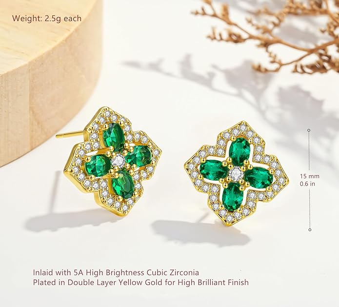 VONSSY Four Leaf Clover Necklace Earrings Shamrock Irish ST Patricks Jewelry Set Gift Green Emerald Zircon Crystal Stud 18k Gold Plated Chain Saint Pendant for Woman Wife Girlfriend
