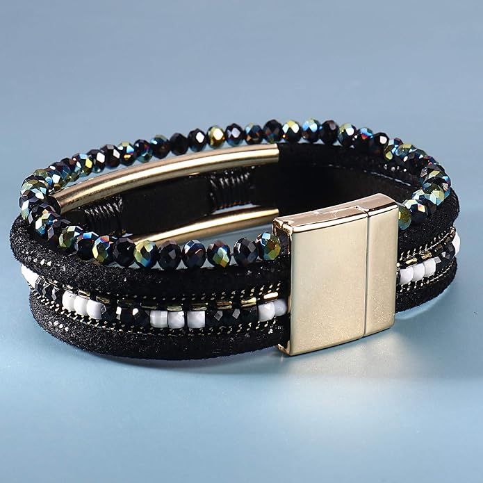 FANCY SHINY Leather Wrap Bracelets Crystal Beads Bracelet Boho Cuff Stone Charm Bracelets with Clasp Costume Jewelry for Women